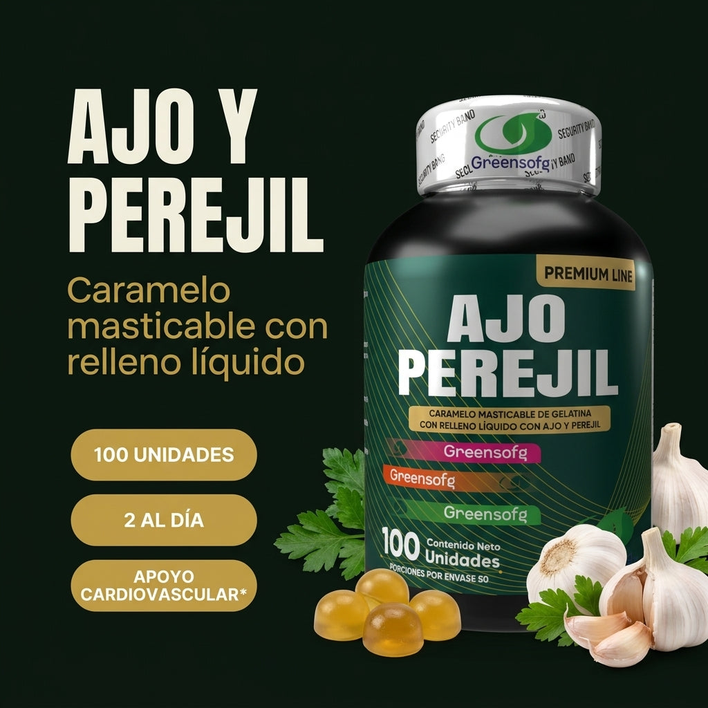 Ajo y Perejil de Greensofg, caramelo masticable con relleno liquido, 100 unidades