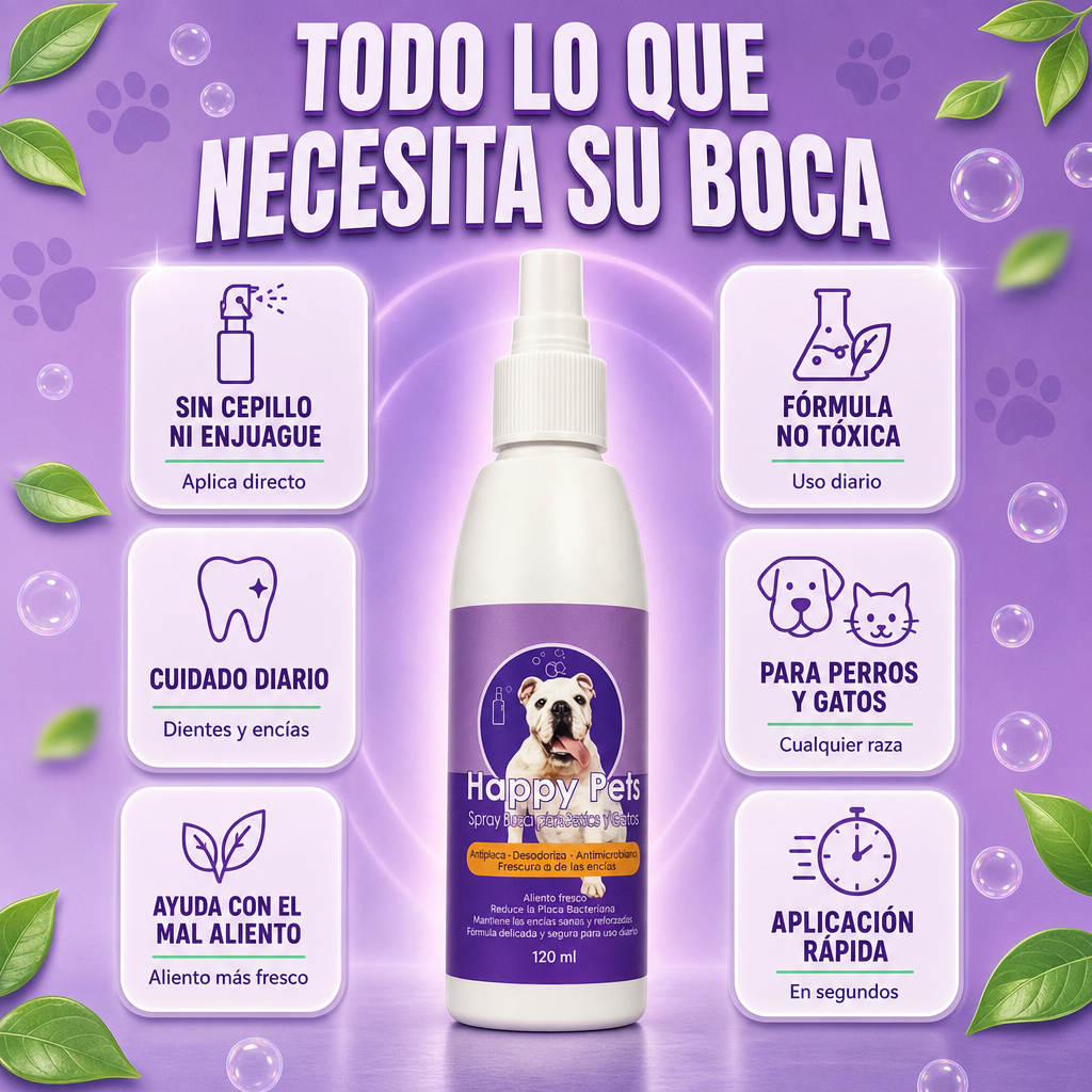 Todo lo que necesita su boca: sin cepillo ni enjuague, cuidado diario, aliento mas fresco, para perros y gatos