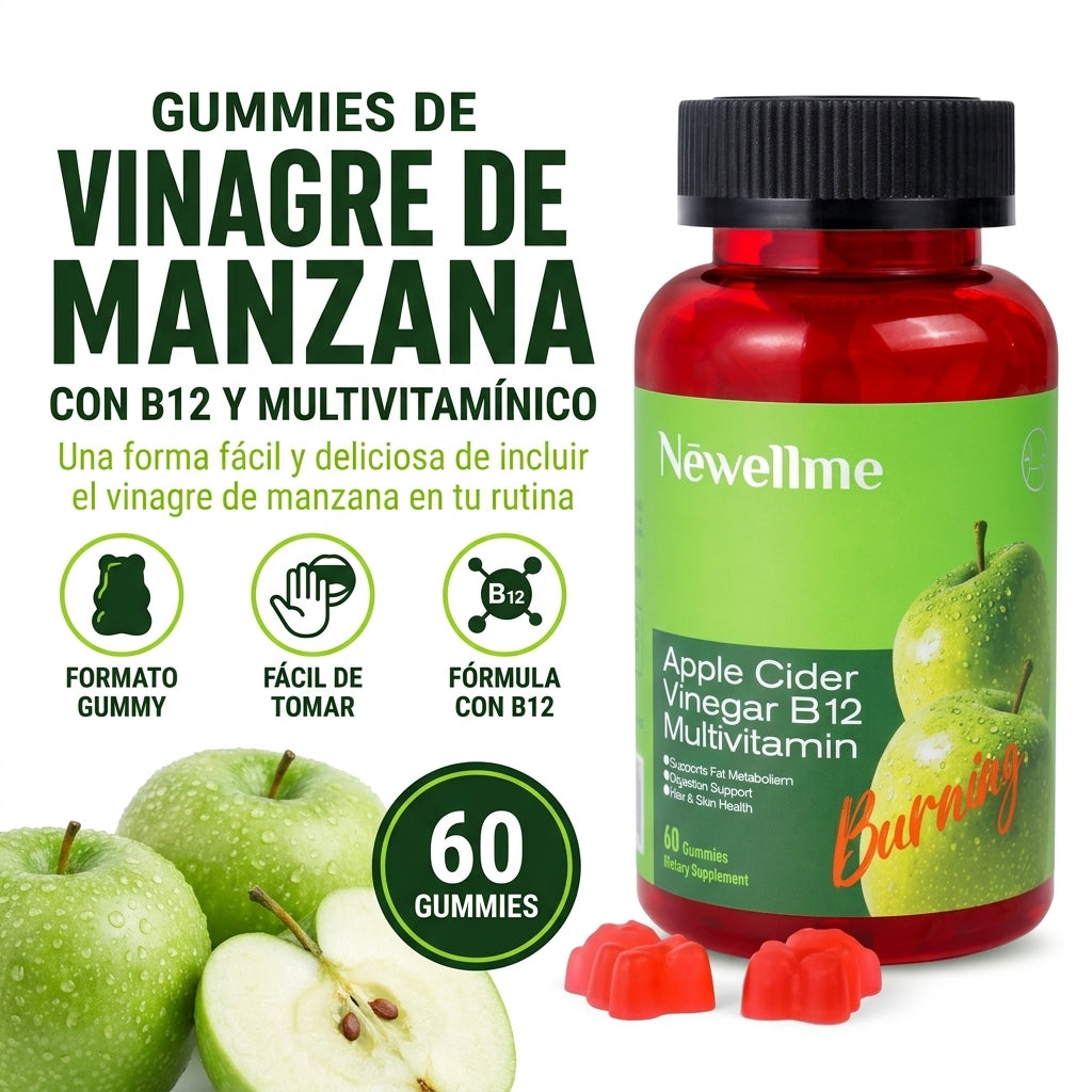 Gummies de vinagre de manzana con B12 y multivitaminico, 60 gummies