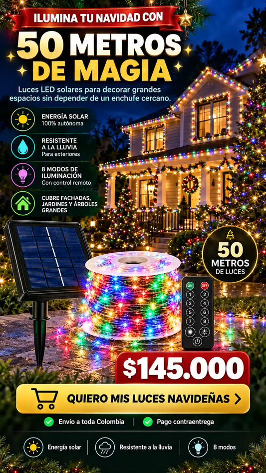 Luces navidad panel solar 50 metros