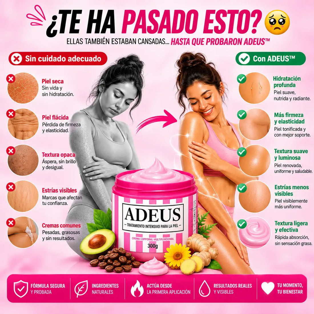 Crema Corporal Adeus Reafirmante e Hidratante con Fórmula Termoactiva 300 g