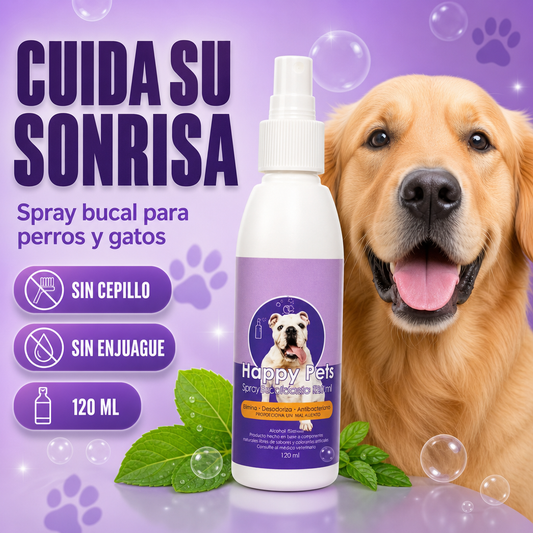 Happy Pets spray bucal para perros y gatos, sin cepillo y sin enjuague, 120 ml