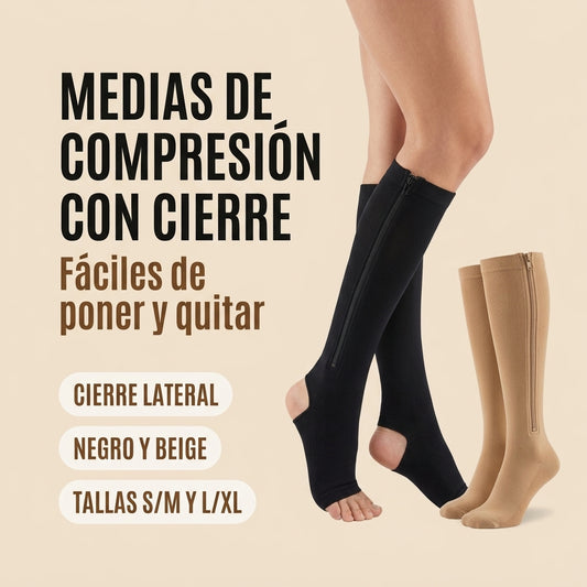 Medias de compresion con cierre lateral, negro y beige, tallas S/M y L/XL