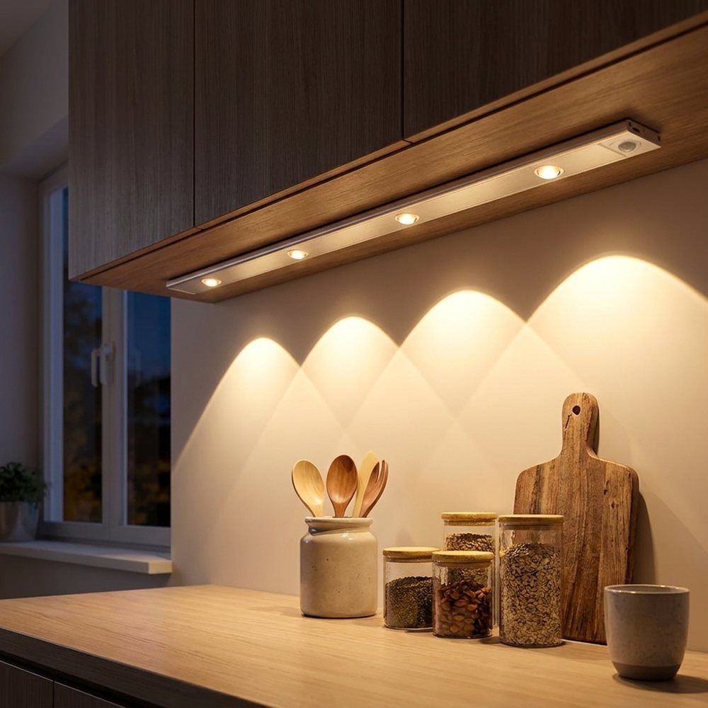 Barra de luz LED bajo un gabinete de cocina