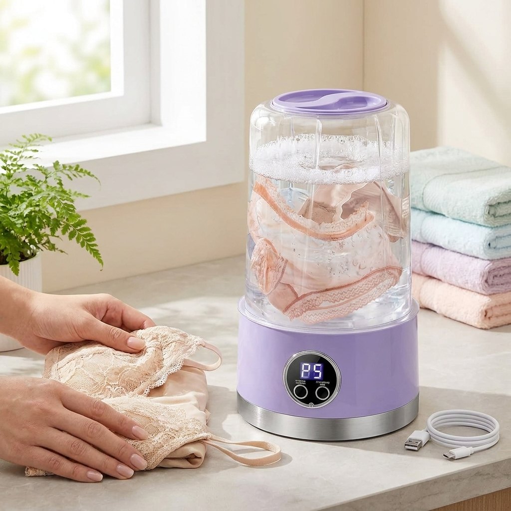 Mini lavadora lavando ropa íntima de encaje sobre el mesón del baño