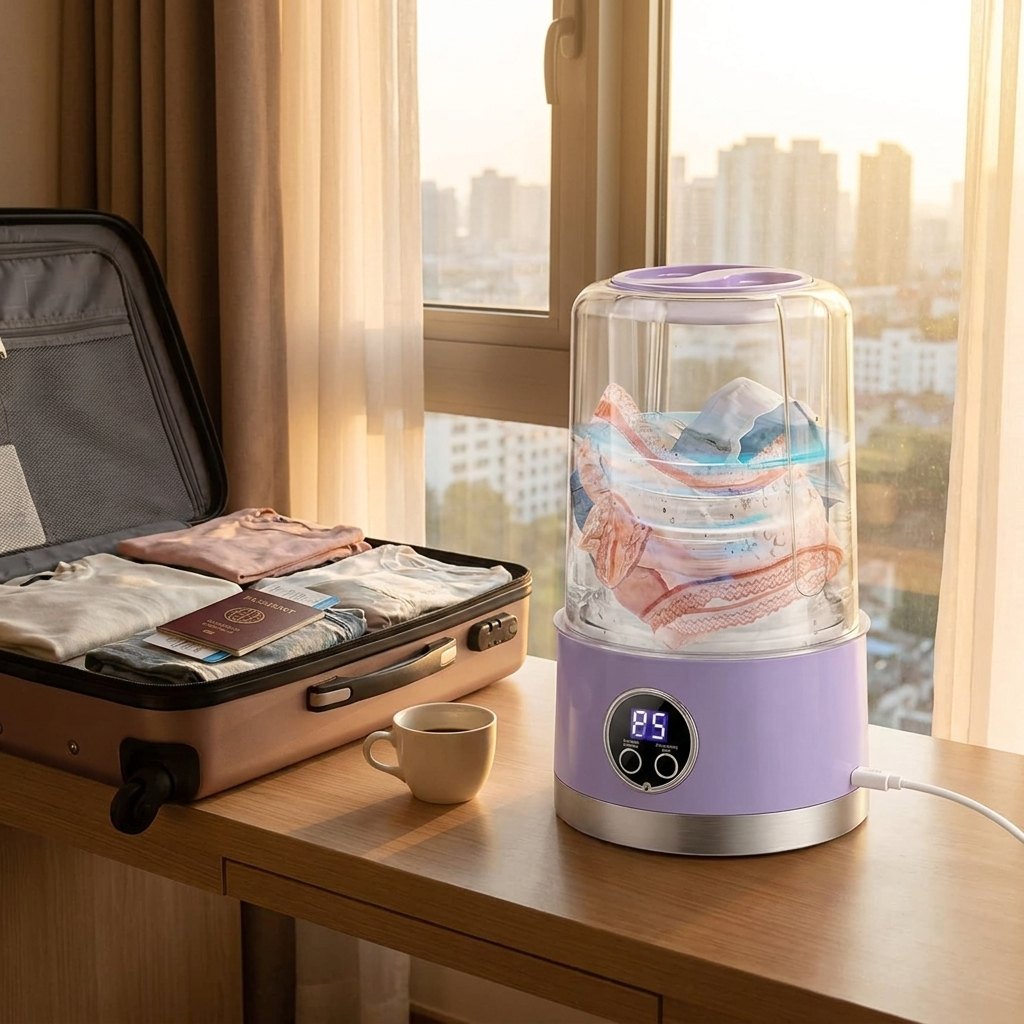 Mini lavadora portátil sobre un escritorio junto a una maleta de viaje
