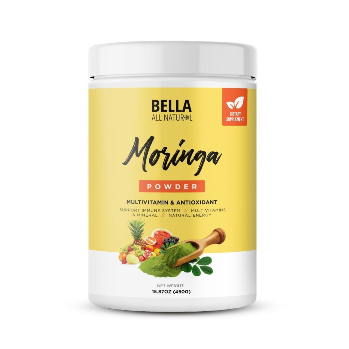 Bote de Moringa en Polvo Multivitamínico y Antioxidante de Bella All Natural, 450 g