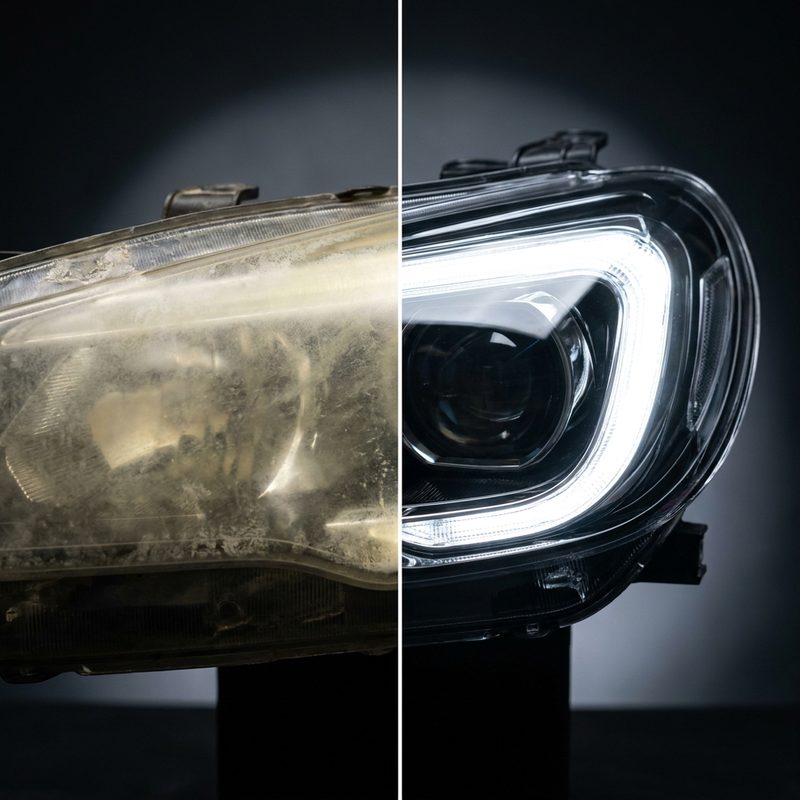 Faro opaco antes y después de usar Renovador de Faros