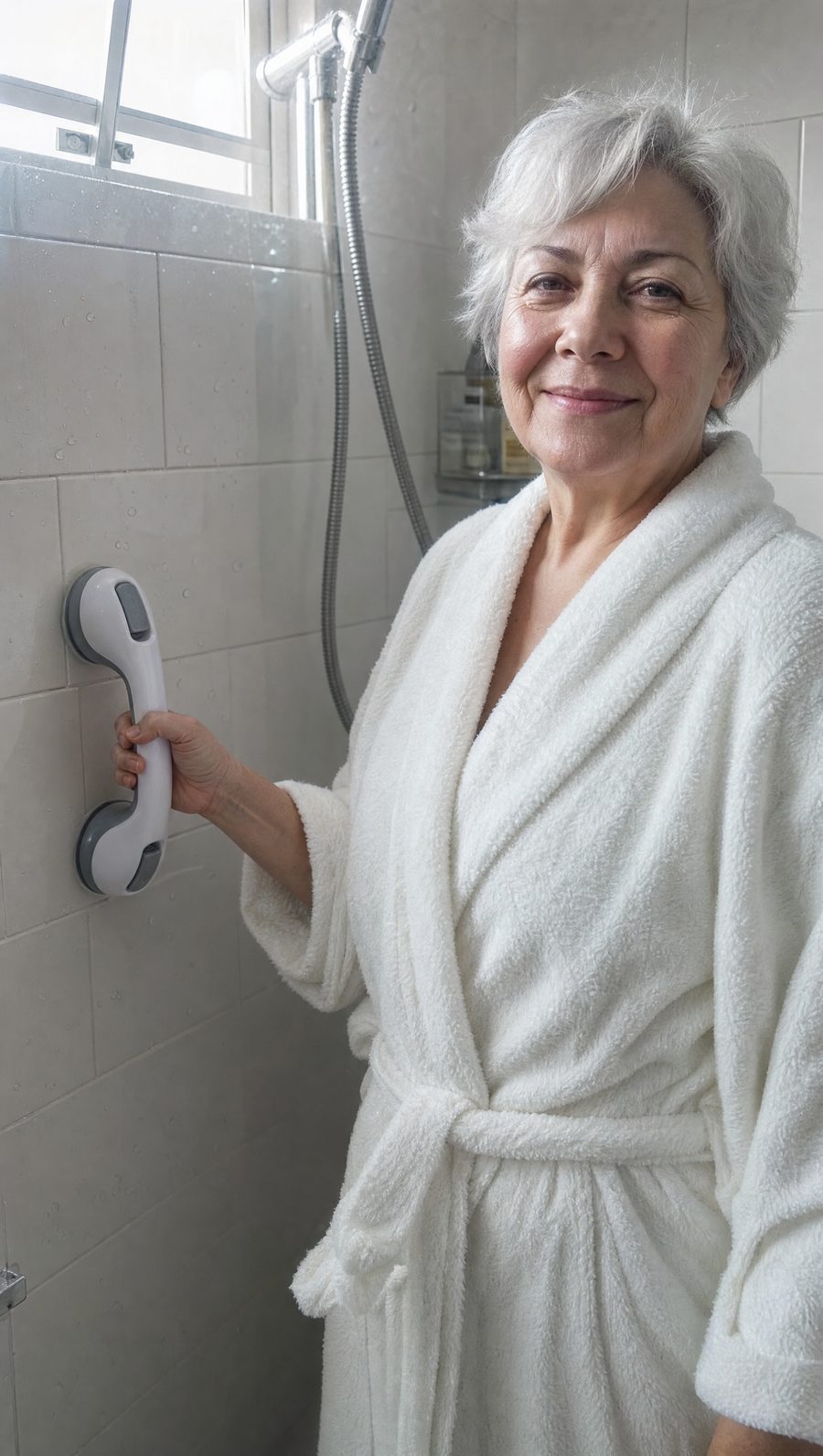 Mujer usando la barra de apoyo en la ducha