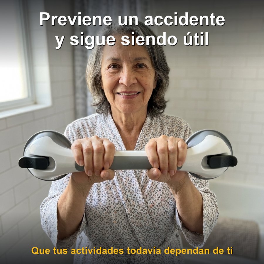 Adulta mayor sosteniendo la barra de apoyo MUNDO VITAL — previene un accidente y sigue siendo útil